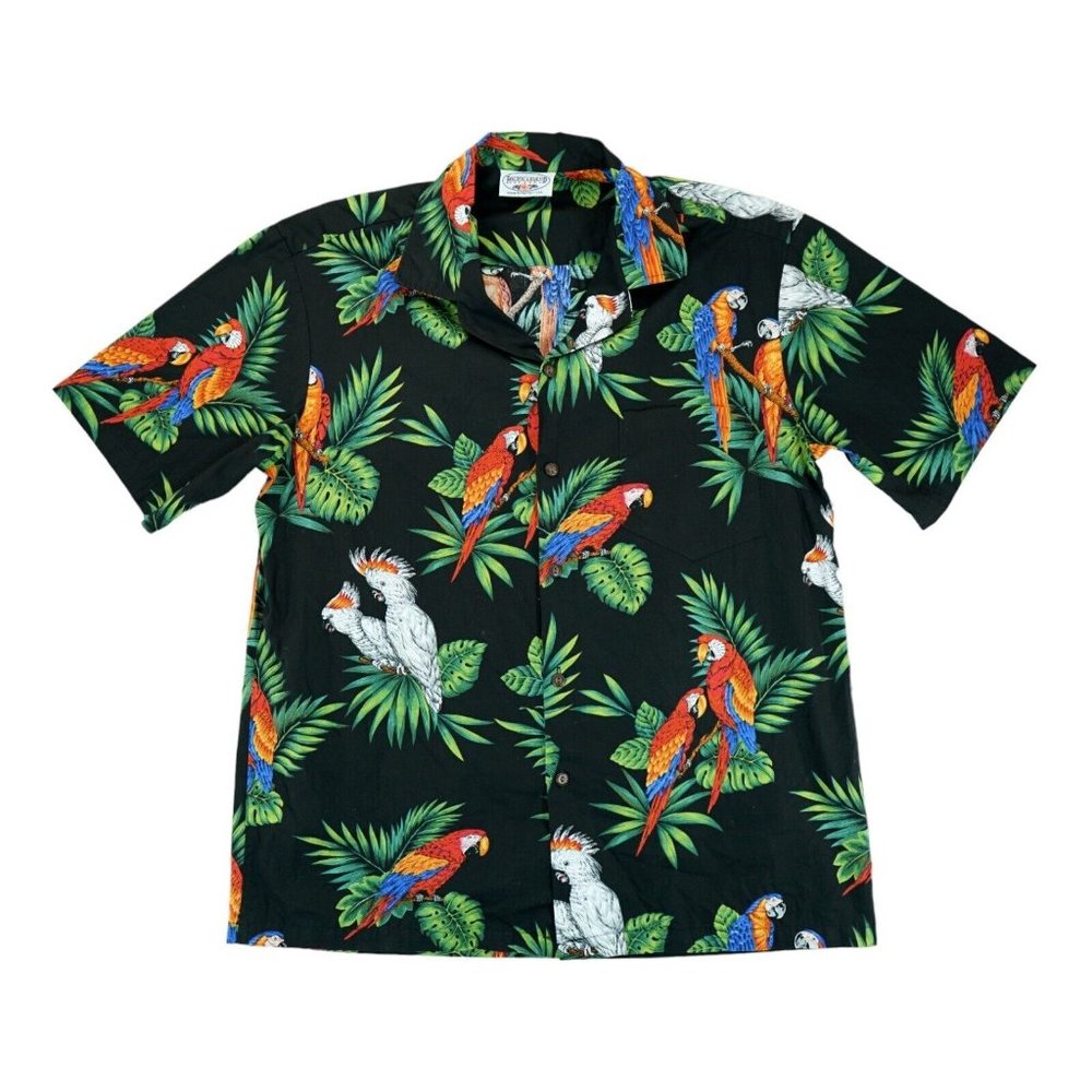 PACIFIC LEGEND Hawaiian L Shirt Black PARROT‎ ALOHA  100% Cotton Made in HAWAII